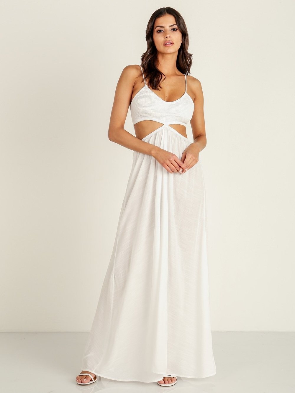 Indah Innocence Cut Away Maxi white smocked dress